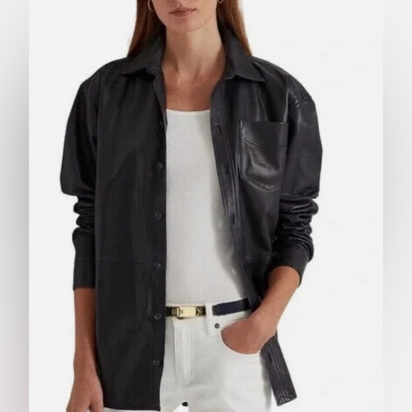 LAUREN Ralph Lauren Relaxed Fit Leather Shirt  Navy - Picture 3 of 9